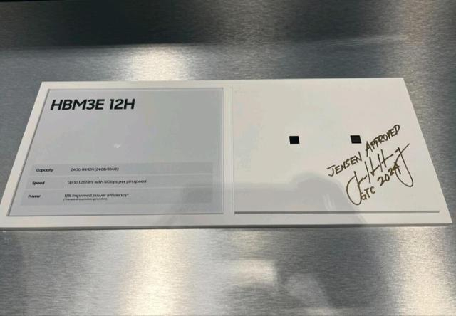 Nvidia CEO Jensen Huang’s written signature includes the phrase “Jensen approved,” next to Samsung’s 12-stack HBM3E prototype displayed at the Samsung Electronics showroom at the GTC 2024 technology conference in San Jose, California, in March. (Samsung Electronics Executive Vice President Han Jin-man's social media)