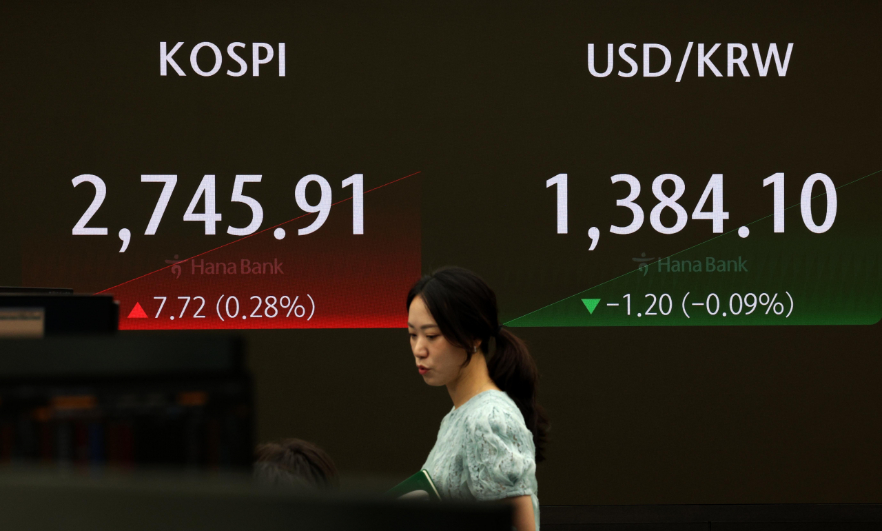 An electronic board showing the Korea Composite Stock Price Index at a dealing room of the Hana Bank headquarters in Seoul on Wednesday. (Yonhap)